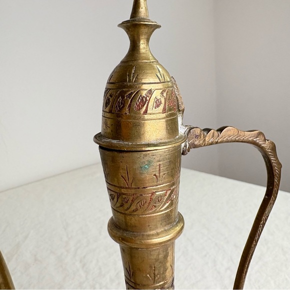 Vintage Solid Brass Teapot Genie Lamp Pitcher Made in India Ornate Etched Floral - Picture 8 of 15